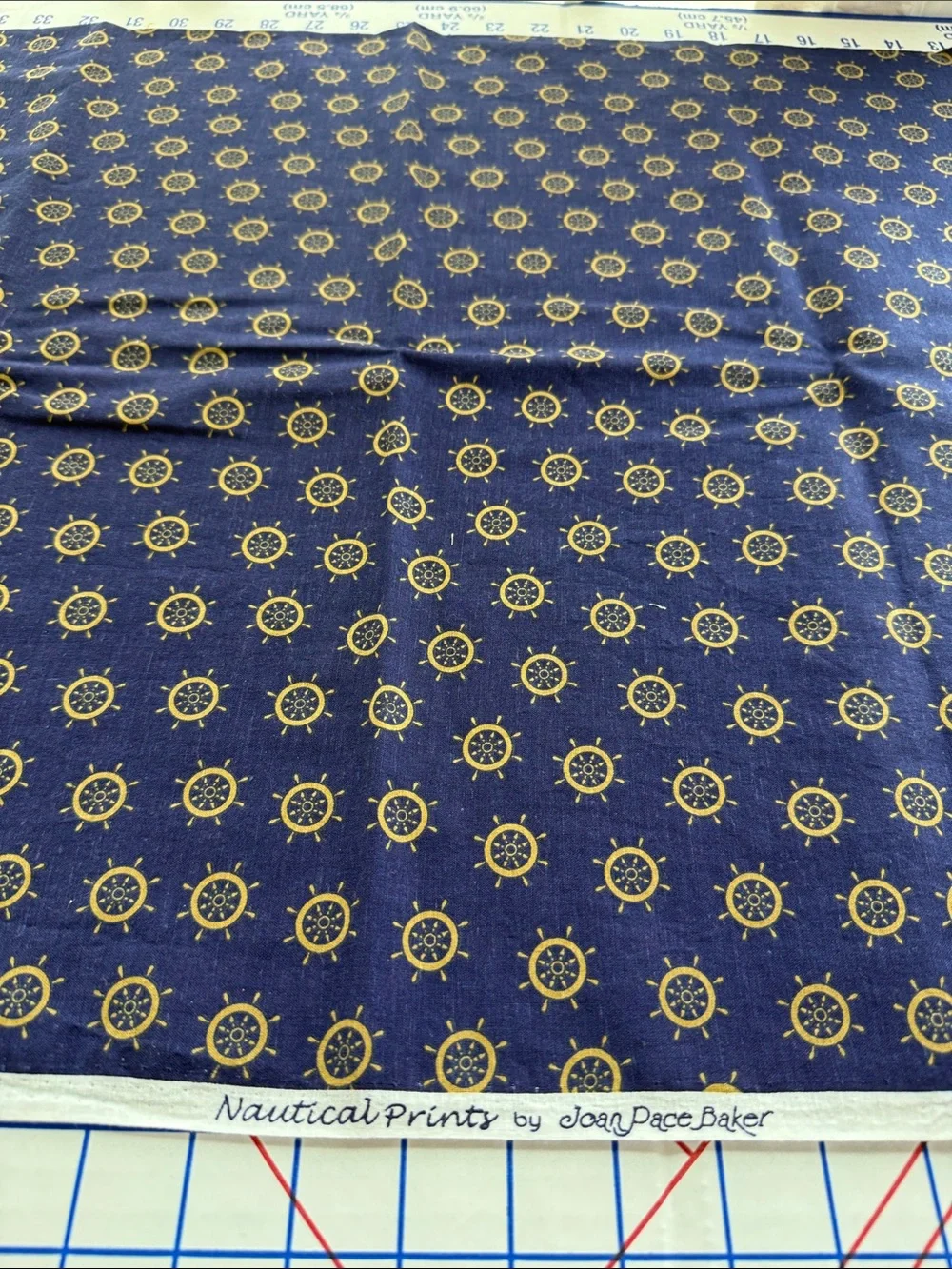 Vintage Joan Pace Baker Nautical Prints Cotton Fabric Ship Wheel Navy Gold